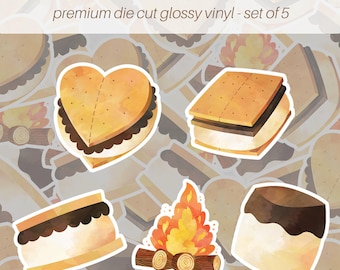 S'mores Sticker Pack of 5, Vinyl Stickers, Camping Stickers, Campfire Stickers, Laptop Stickers, Water Bottle Stickers, Smore Stickers