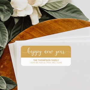 Etiquettes d'adresse personnalisées Happy New Year, autocollants enveloppes de vacances script minimaliste, étiquettes d'adresse de retour personnalisées - CA57