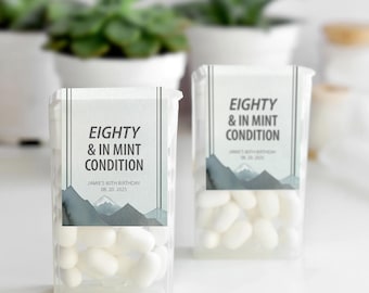 Eighty & In Mint Condition Stickers, Mountain Themed 80th Birthday Party Favor Mint Labels, Mint Favors, Personalized Mint Birthday Favors