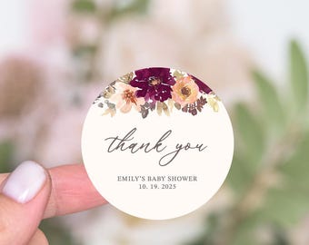 Personalized Fall Baby Shower Favor Stickers, Thank You Stickers Baby Shower Girl, Burgundy Peach Floral, Autumn Baby Shower Favor Labels