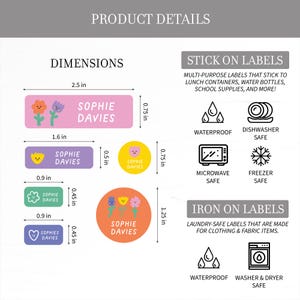 Waterproof Name Labels Vinyl, Flowers Custom Name Labels, School Labels, Daycare Labels, Camp Name Label, Name Stickers Dishwasher Safe image 2