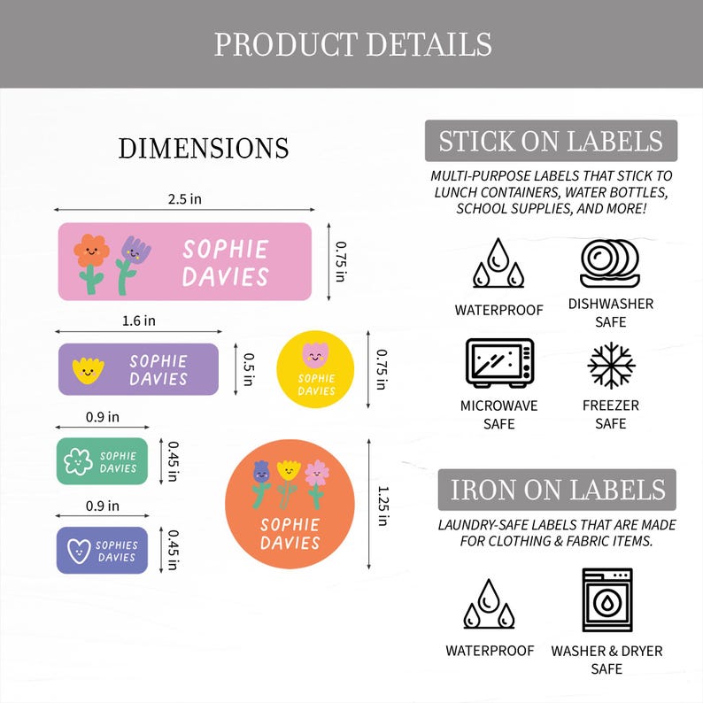 Waterproof Name Labels Vinyl, Flowers Custom Name Labels, School Labels, Daycare Labels, Camp Name Label, Name Stickers Dishwasher Safe image 2