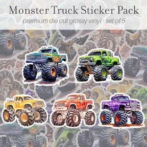 Lot de 5 autocollants Monster Truck, vinyles autocollants, décalcomanies Monster Truck, autocollants mignons, cadeau pour amateur de Monster Trucks, autocollants bouteille d'eau