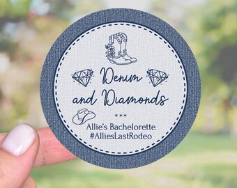 Stickers cadeau denim et diamants, cadeaux d'anniversaire en denim, cadeaux d'anniversaire en denim, étiquettes de remerciement pour la douche nuptiale en denim