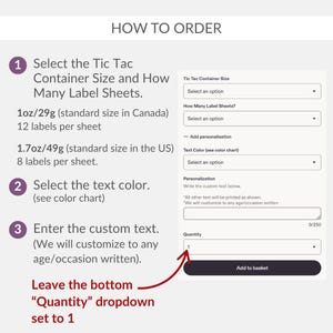 The image is a step-by-step guide on how to order Tic Tac containers, including selecting the container size, the number of label sheets, the text color, and customizing the text.