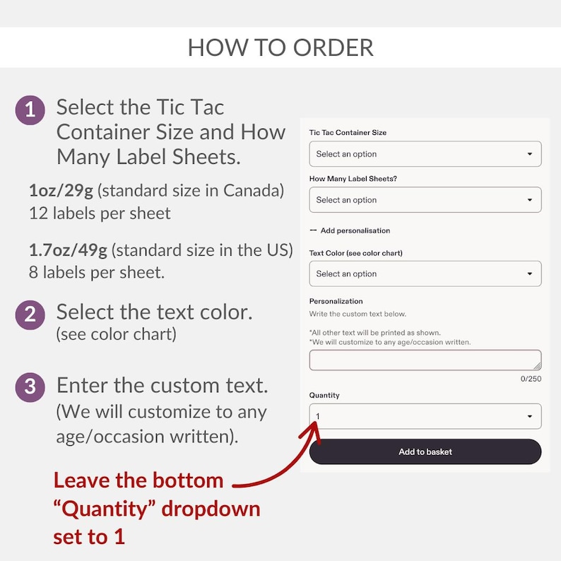 The image is a step-by-step guide on how to order Tic Tac containers, including selecting the container size, the number of label sheets, the text color, and customizing the text.