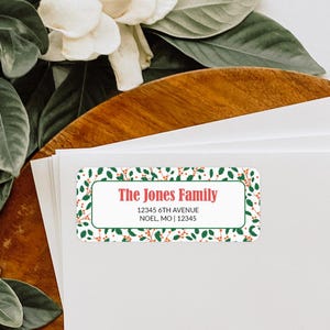 Etiquettes d'adresse personnalisées de Noël, Houx de Noël et baies rouges, Stickers enveloppe des fêtes, Etiquettes d'adresse personnalisées - CA106