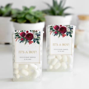 Étiquettes de faveur de baby shower de Noël pour des menthes, autocollants menthe de baby shower de vacances, floral bordeaux, cadeau de remerciement de baby shower de décembre