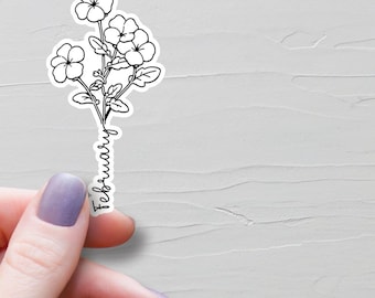 February Birthflower Sticker, February Birth Month Flower, Line Art Violet Flower, Vinyl Water Bottle Stickers, Monthly Planner Stickers