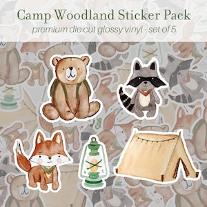 Camp Woodland Sticker Pack of 5, Vinyl Stickers, Woodland Stickers, Forest Animals Stickers, Water Bottle Stickers, Woodland Animals Sticker