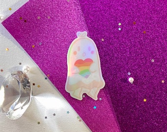 Rainbow Pride Heart Ghost Holographic Sticker
