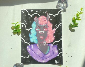 May include: A colorful illustration of a person with pink and blue hair, horns, and a purple cloak. The artwork is set against a black background with white clouds and stars. Decorative elements include a diamond and green sprigs.