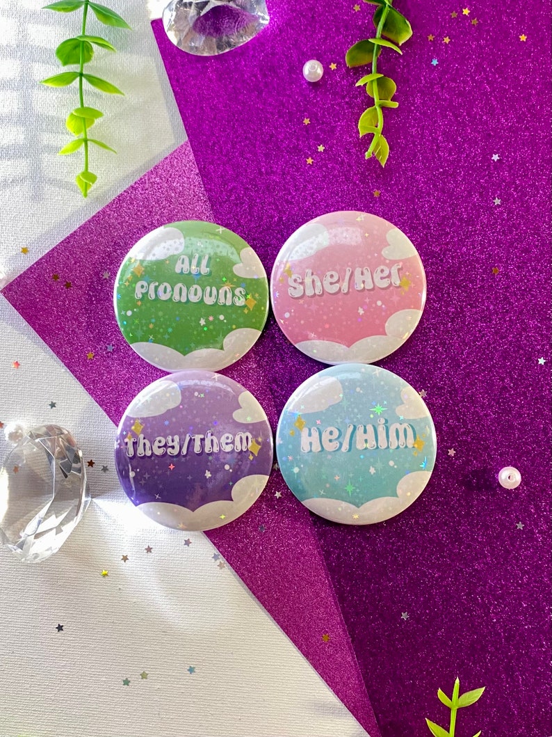 Pronoun Pins Cute Pastel Aesthetic Holographic Button Pins She/her, He ...