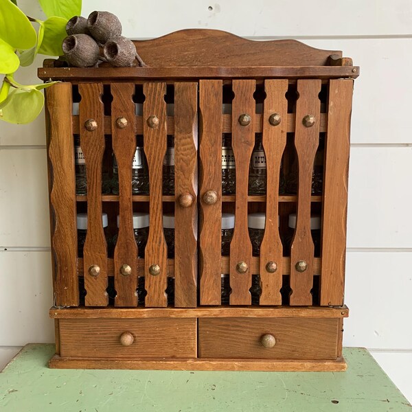Vintage 1970s Wooden Spice Cupboard with Jars – Rustic Kitchen Storage