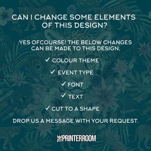 May include: A teal background with a jungle-themed design featuring leopards and floral elements. Text in white asks if design elements can be changed, listing options like color theme, event type, font, and text. The Printerroom logo is at the bottom.