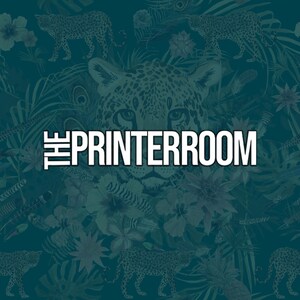 May include: Teal background with a pattern of leopards, flowers, and foliage. The text "PRINTERROOM" is displayed in white, bold letters. The design features a jungle theme with a focus on animal and plant life.