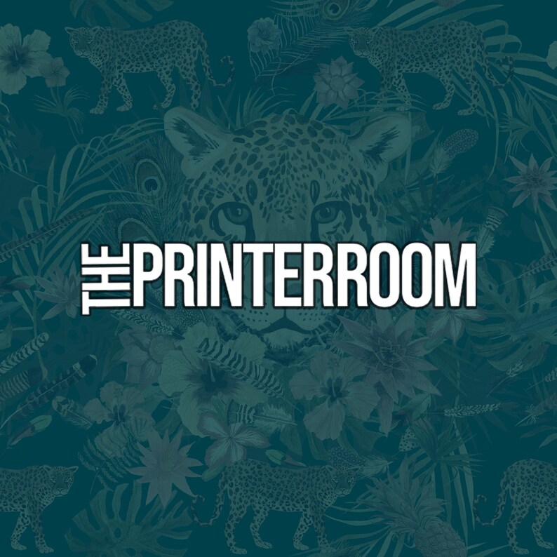 May include: Teal background with a pattern of leopards, flowers, and foliage. The text "PRINTERROOM" is displayed in white, bold letters. The design features a jungle theme with a focus on animal and plant life.