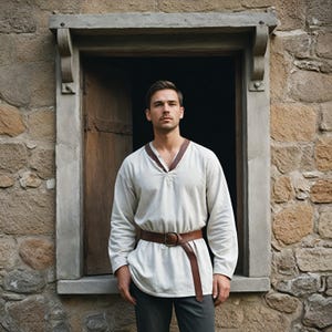 Medieval Men&#39;s Linen Tunic | Rustic Beige Long Sleeve Top For Him | Viking Renaissance Costume for Cosplay | Classic Men&#39;s Medieval Shirt