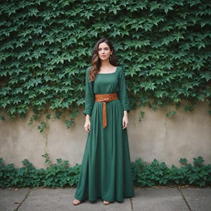 Green Long Sleeve Renaissance Dress | Medieval-Inspired Square Neckline Gown | Minimalist Elegant women&#39;s Maxi|Long Cottagecore Gown For Her