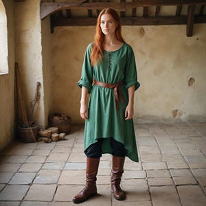 Rustic Green Medieval Dress for Women | Vintage Style Renaissance Peasant Tunic | Long Sleeve Historical Costume | Minimalist LARP Outfit