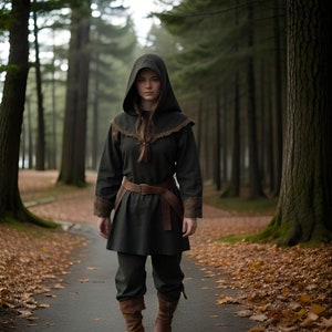 Women&#39;s Viking Hooded Tunic | Medieval Costume with Brown Belt | Dark Fabric Lace Trim Tunic | Nordic fashion Women&#39;s historical clothing