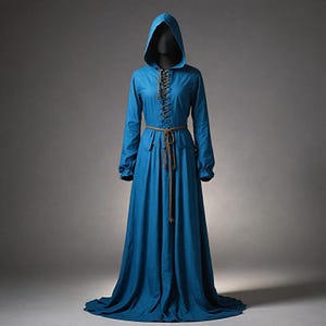 Può includere: Un lungo abito con cappuccio color teal, con maniche lunghe e gonna lunga. Il corpetto presenta una chiusura allacciata e una cintura di corda marrone stringe la vita. L'abito è esposto su un manichino su sfondo grigio.