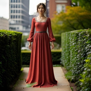 Rust Red Medieval-Inspired Long Sleeve Dress | Viking Vintage Style Dress | Renaissance Fair Cosplay Outfit | Historical Fantasy Costume