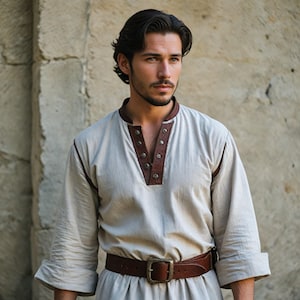 Classic Beige Medieval Tunic | Renaissance Peasant Shirt for Men | Long Sleeve Historical Costume | Ideal for Viking, Norse, & LARP Cosplay