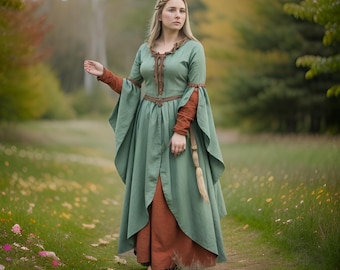 Viking Women's Layered Design Dress | Renaissance Fair Cosplay Costume | Medieval Green & Orange Dress | Nordic fashion Halloween Costume