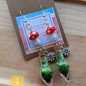 May include: A pair of earrings featuring a red and white mushroom charm and a small glass bottle filled with green moss. The bottle has a cork stopper and a silver flower charm.