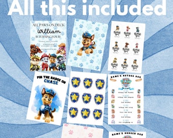 PAWTY PATROL Editable Birthday Bundle - Invitation Pink or Blue, Thank you Tags, Pin the badge & Menu - Instant Download -