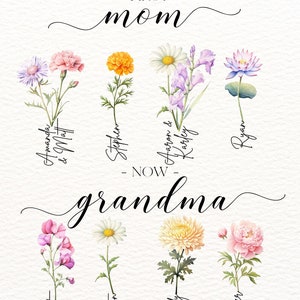Cadeau pour la fête des mères, première maman maintenant grand-mère, fleur de naissance, mois, 4 styles au choix - délai de 1 à 6 heures, 8 fleurs max.