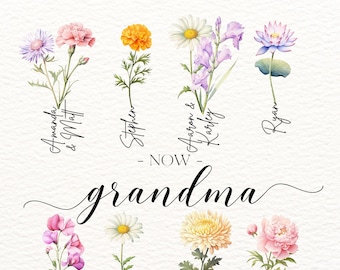 Mother's day gift, first mom now grandma, birth flower, month, 4 styles to choose from - 1-6 hour turnaround, 8 flowers max