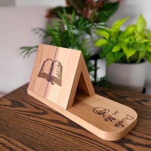 Wood Engraved Book stand with place for glasses and drinks, Book holder, Wood book stand, wood book holder book lovers gift bible holder