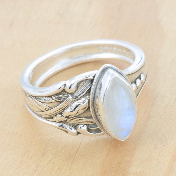 Spoon Ring with Rainbow Moonstone, Upcycled Sterling Silver, Size 8