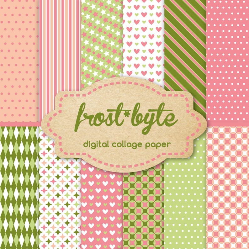 May include: A digital collage paper set with 12 different patterns in pink, green, and white. The patterns include polka dots, stripes, hearts, stars, diamonds, and geometric shapes. The paper is perfect for scrapbooking, card making, and other craft projects.
