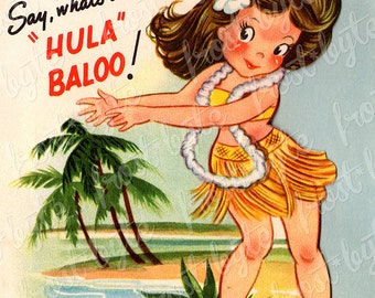 Vintage Hula Girl Card Image - 50s Hawaiian girl - instant download file