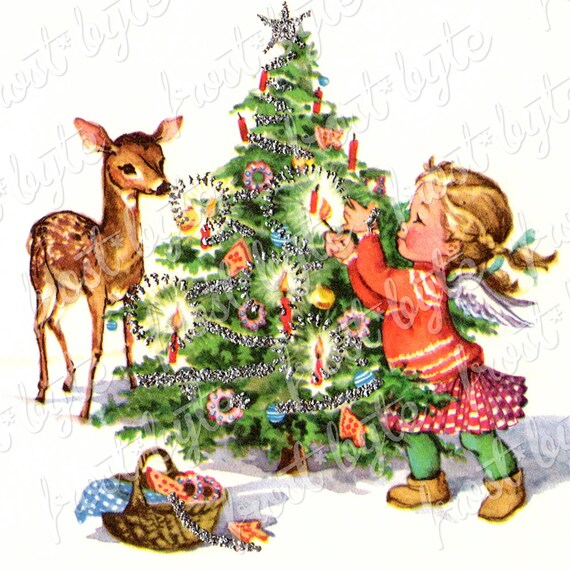 Vintage Christmas Deer and Tree , Digital image for instant download