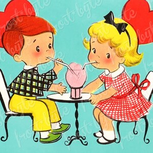 May include: Two children, a boy and a girl, sit at a table with a pink milkshake and straws. The boy is wearing a plaid shirt and yellow pants. The girl is wearing a red and white checkered dress. They are both smiling.