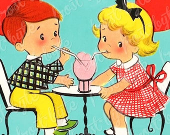 Milkshake Lovers Valentine - Boy and girl - Vintage image - Instant digital download - clip art downloadable file