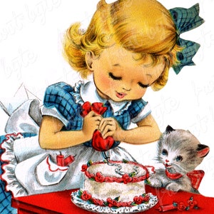 Decoração de bolos Menina com gatinho - Imagem digital para download instantâneo - artesanato clip art - bolos de gatinho gato cozinhando