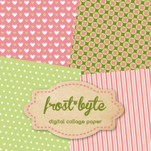 May include: Digital collage paper with four different patterns: pink with white hearts, green with pink circles, green with white dots, and pink and white stripes. The paper is labeled "frost*byte digital collage paper".