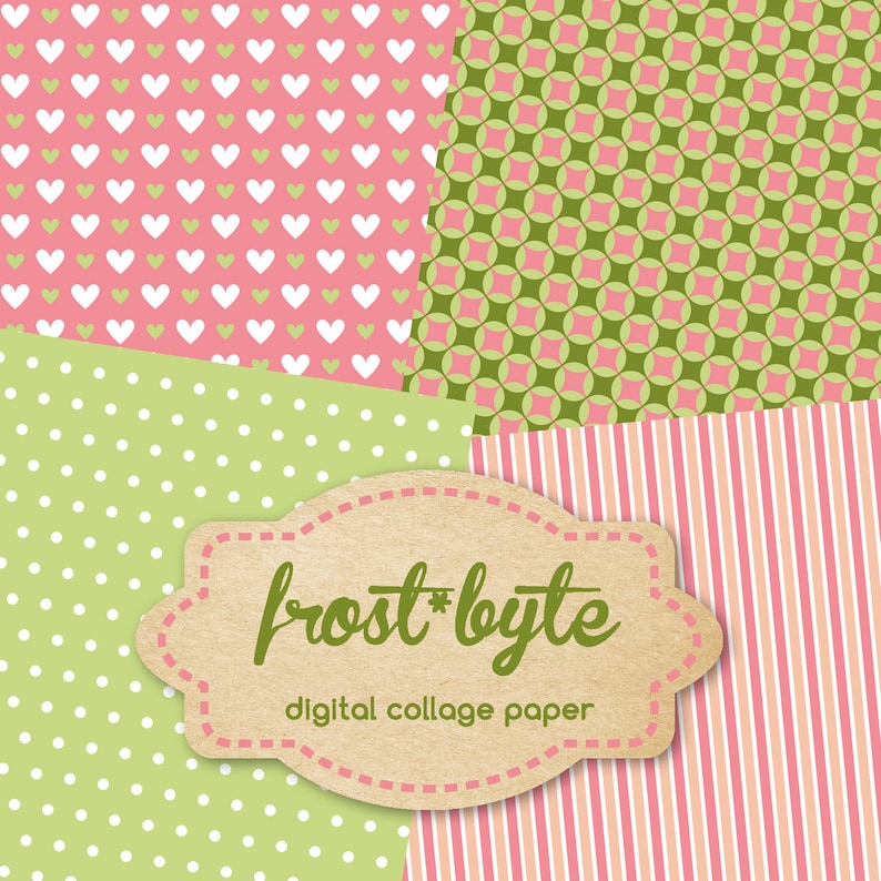 May include: Digital collage paper with four different patterns: pink with white hearts, green with pink circles, green with white dots, and pink and white stripes. The paper is labeled "frost*byte digital collage paper".