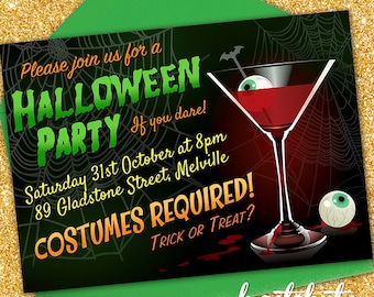 Halloween Party Invitation - cocktail party - custom invite design - digital file to print yourself as many times as you wish - 60s style