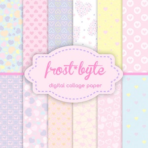 May include: A set of 10 digital collage papers featuring various heart patterns in pink, yellow, blue, and white. The papers are labeled "frost*byte digital collage paper".