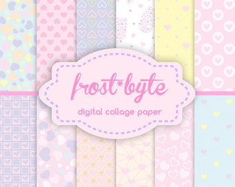 Pastel Valentine's Heart Patterns - 12 paper collage files for scrapbooking - instant download to print at home or use digitally
