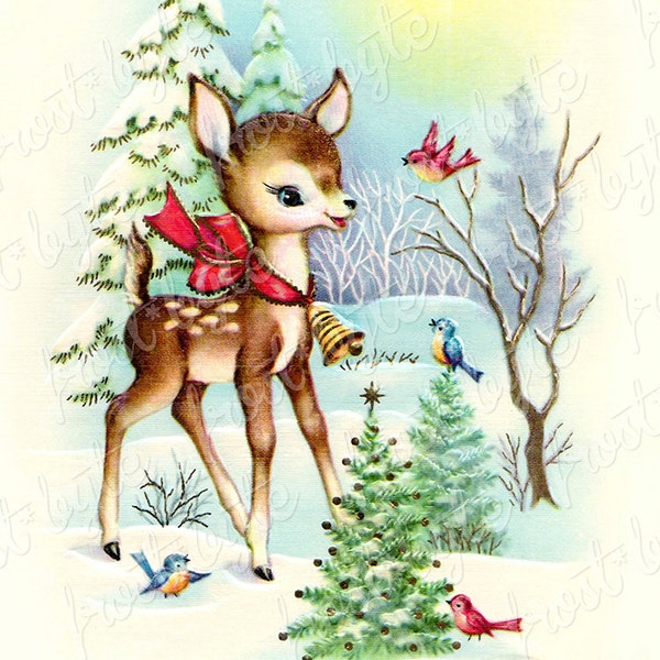 Deer in Snow Vintage Card Image - Instant digital download file - Christmas trees birds winter - antique kitsch - scrapbooking crafts