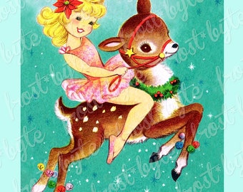 Vintage Christmas Reindeer Girl Image - Digital file for instant download -