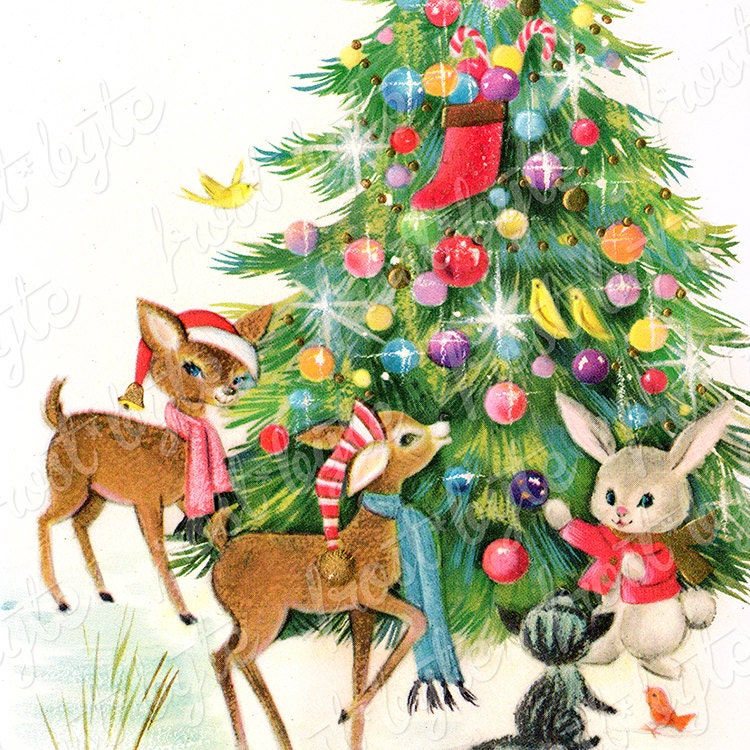 Download Retro Christmas Deer and Bunny Christmas Tree Image ...