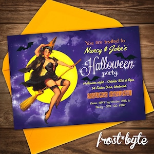 May include: Purple Halloween party invitation with a vintage illustration of a witch flying on a broomstick in front of a full moon. The text reads "You are invited to Nancy & John's Halloween party. Halloween night - October 31st at 6pm 14 Salem Drive, Westwood Costumes Required! Please RSVP by October 26th to Nancy - 555 123 4567"